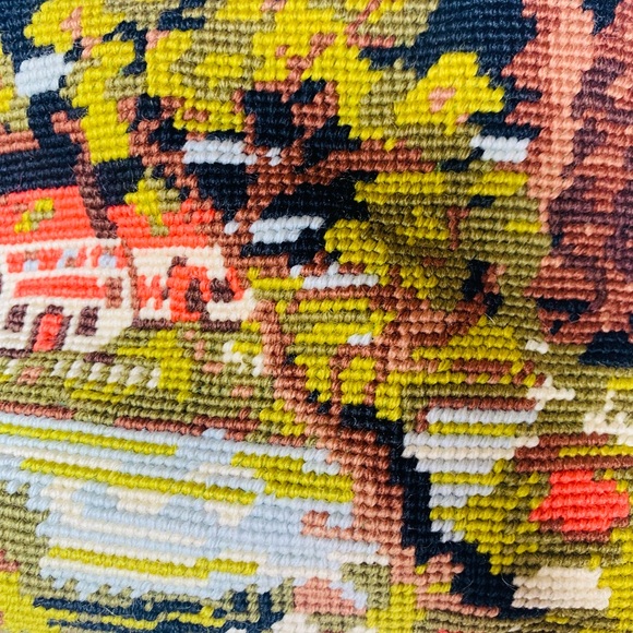 VTG NEEDLEPOINT DOUBLE SIDED  PURSE BAG HOUSE TREES Lak - Picture 2 of 6